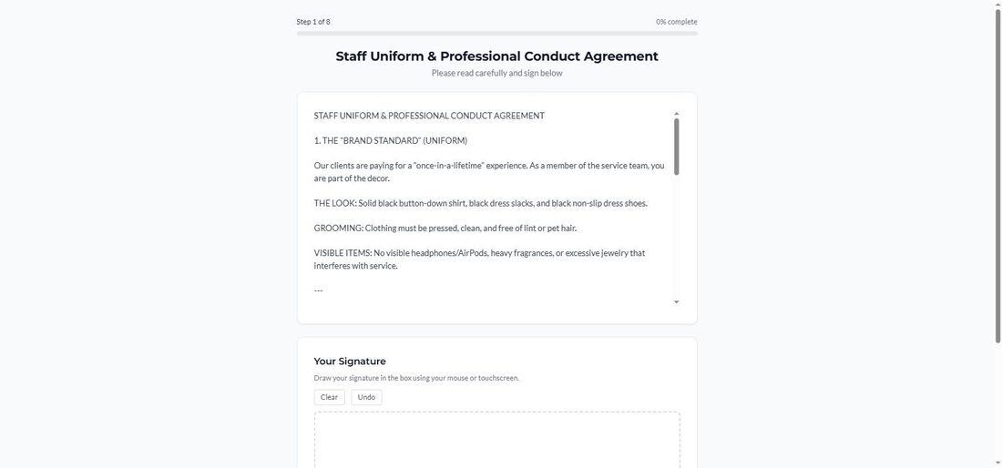 VenueHR onboarding wizard showing a staff agreement and e-signature step
